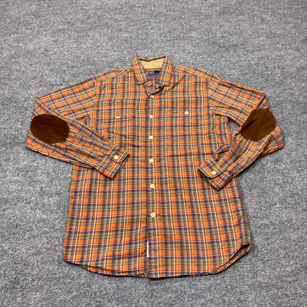 Polo Ralph Lauren Shirt Mens Small Orange Plaid Elbow Patches Polo Country